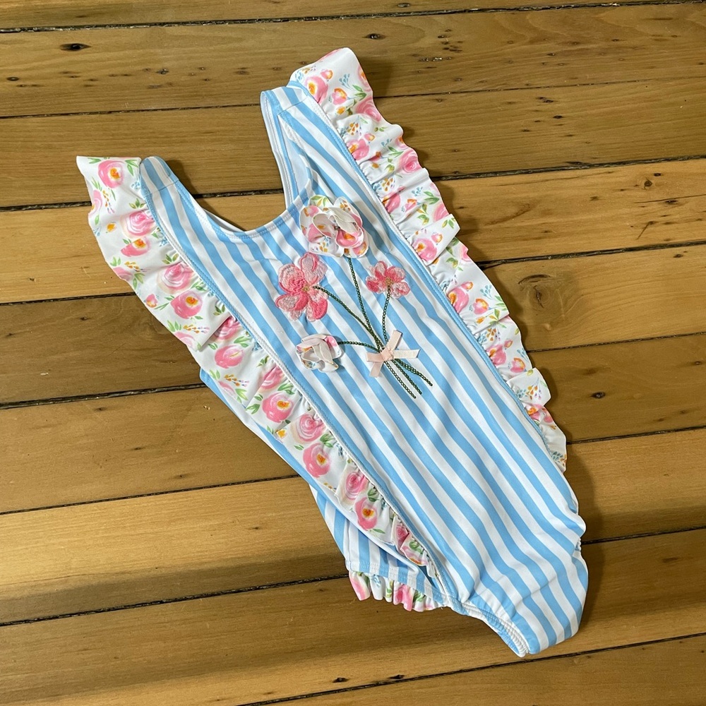 Mud Pie Striped Floral Rosebud Swim Suit